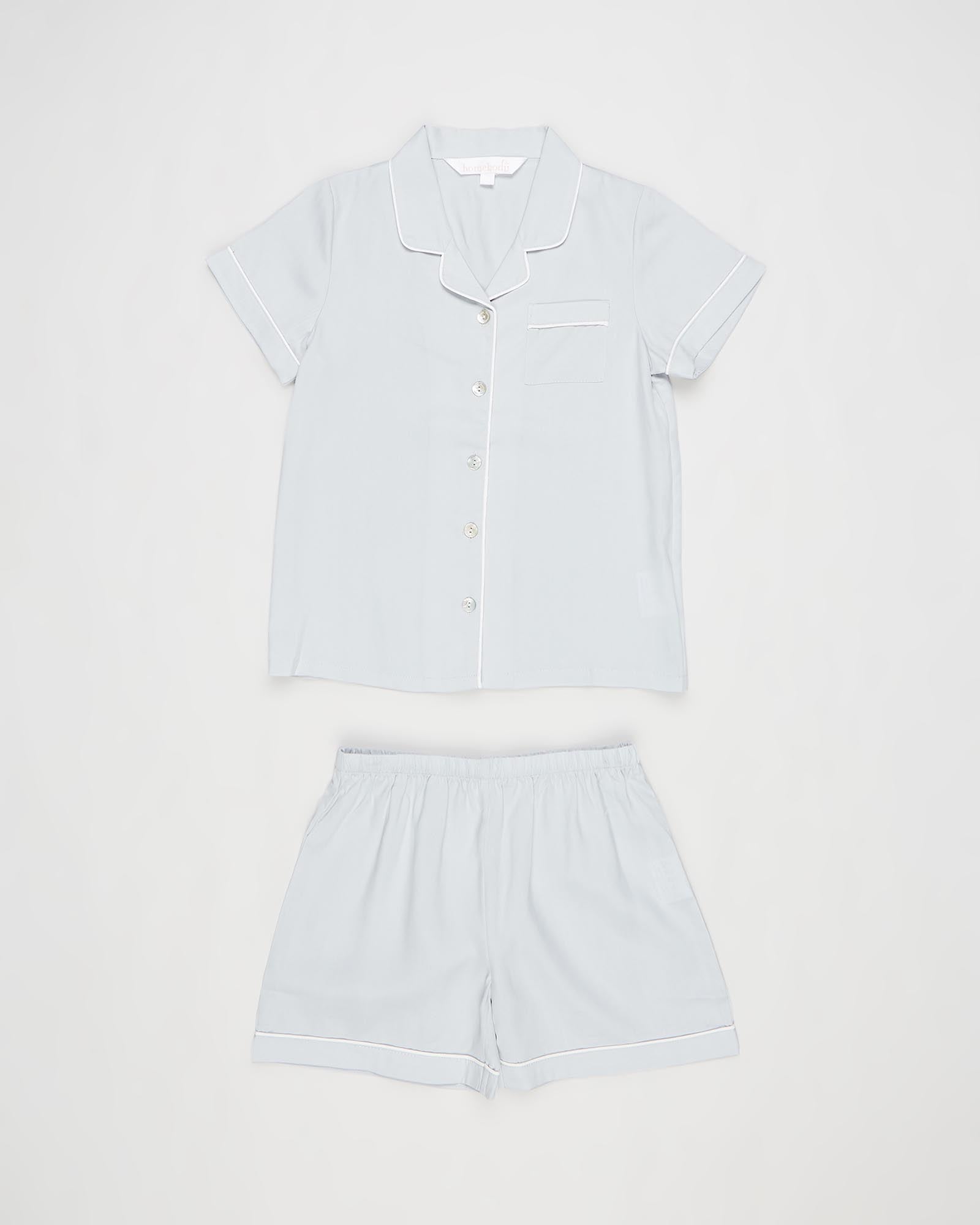Eva Kids Short Tencel™ Personalised Pyjama Set Eggshell Blue With White Piping | Homebodii