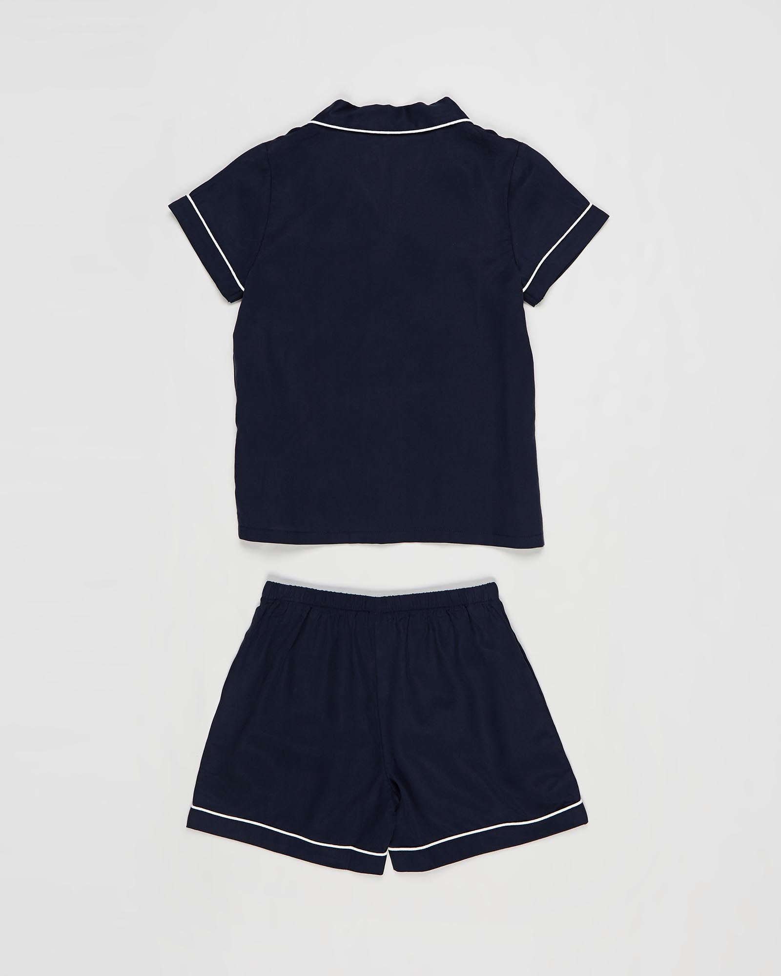 Eva Kids Short Tencel™ Personalised Pyjama Set Navy With White Piping | Homebodii