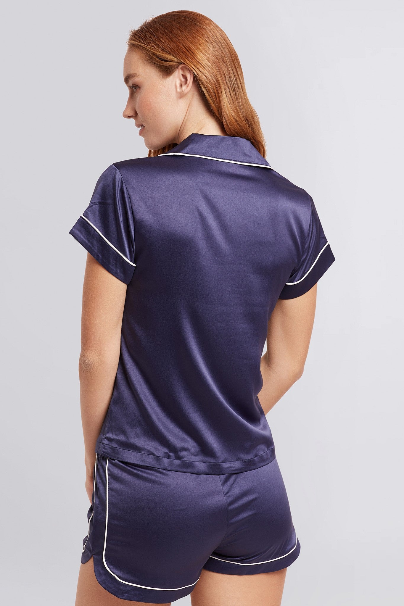 Grace Short Satin Personalised Pyjama set with Navy With White Piping | Homebodii