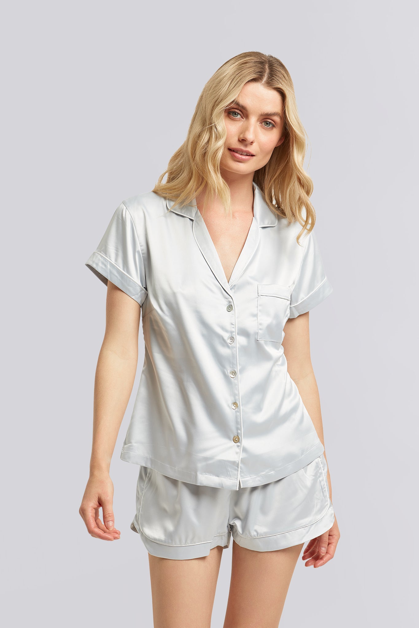 Grace Short Satin Personalised Pyjama set with Eggshell Blue With White Piping | Homebodii