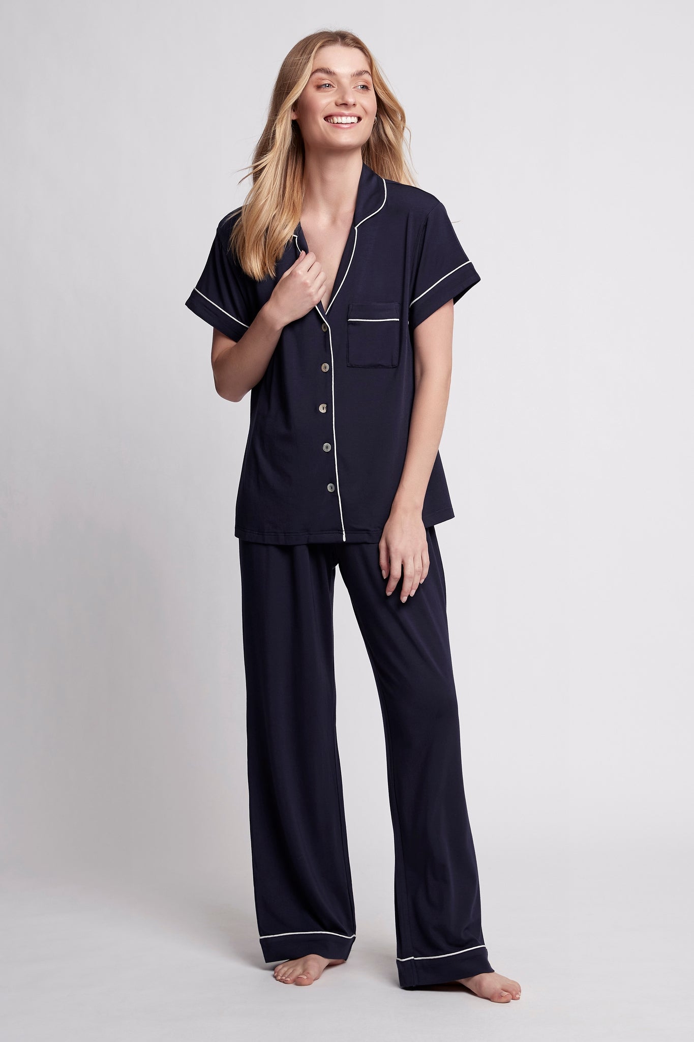 Petra Womens Tencel™ Modal Personalised Short Sleeve With Long Pant Pyjama Set Navy With White Piping | Homebodii