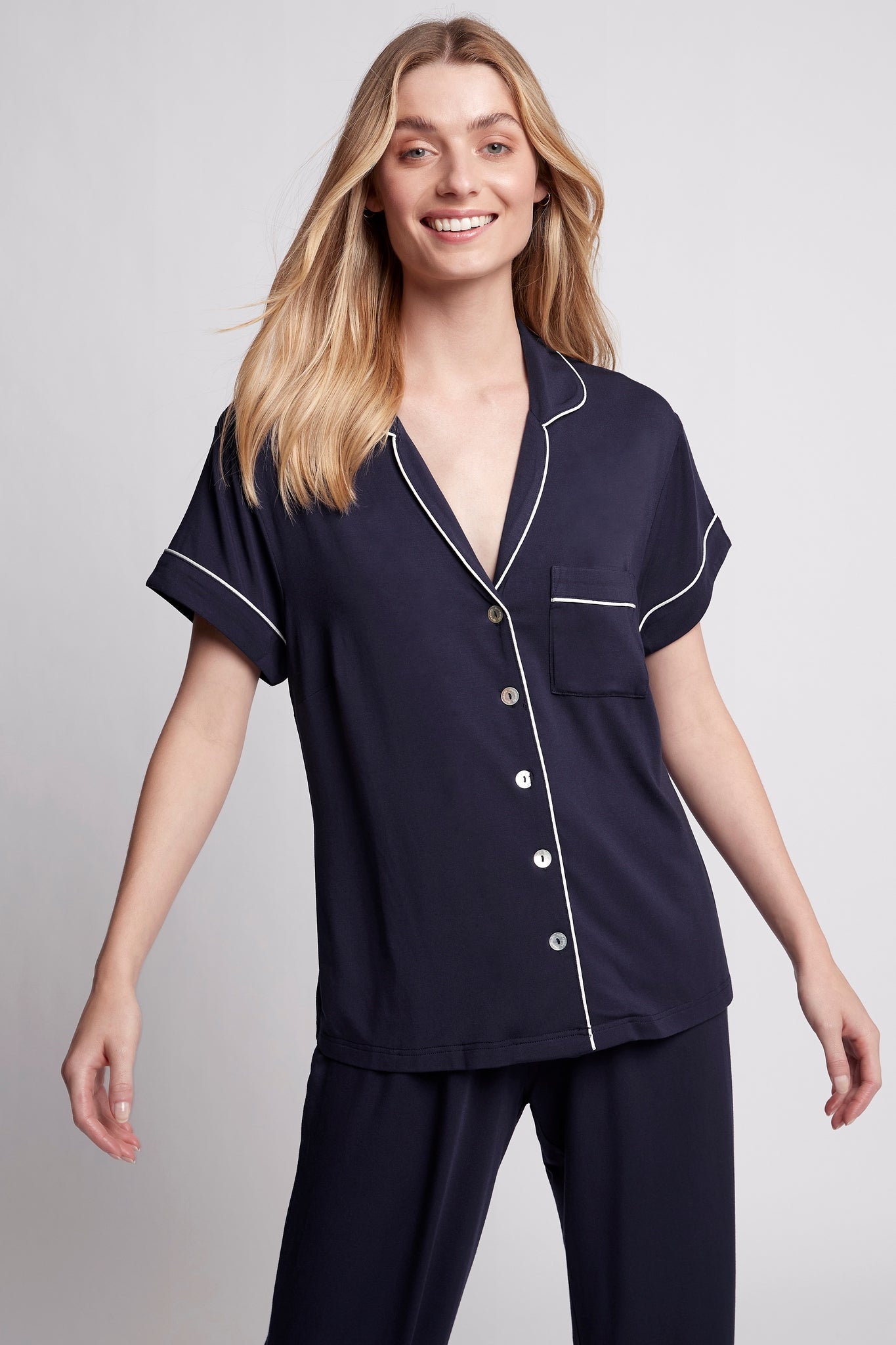 Petra Womens Tencel™ Modal Personalised Short Sleeve With Long Pant Pyjama Set Navy With White Piping | Homebodii