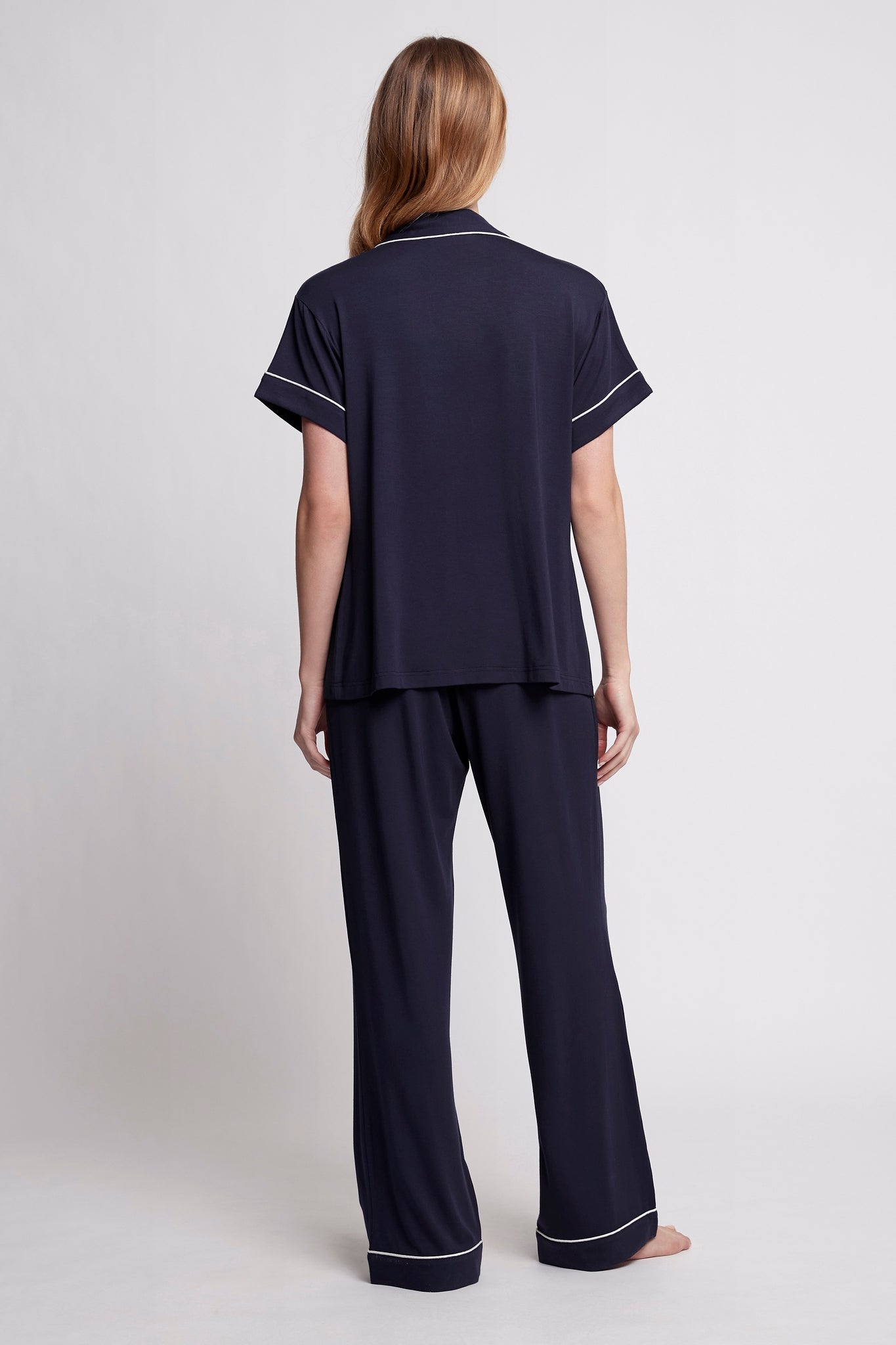 Petra Womens Tencel™ Modal Personalised Short Sleeve With Long Pant Pyjama Set Navy With White Piping | Homebodii