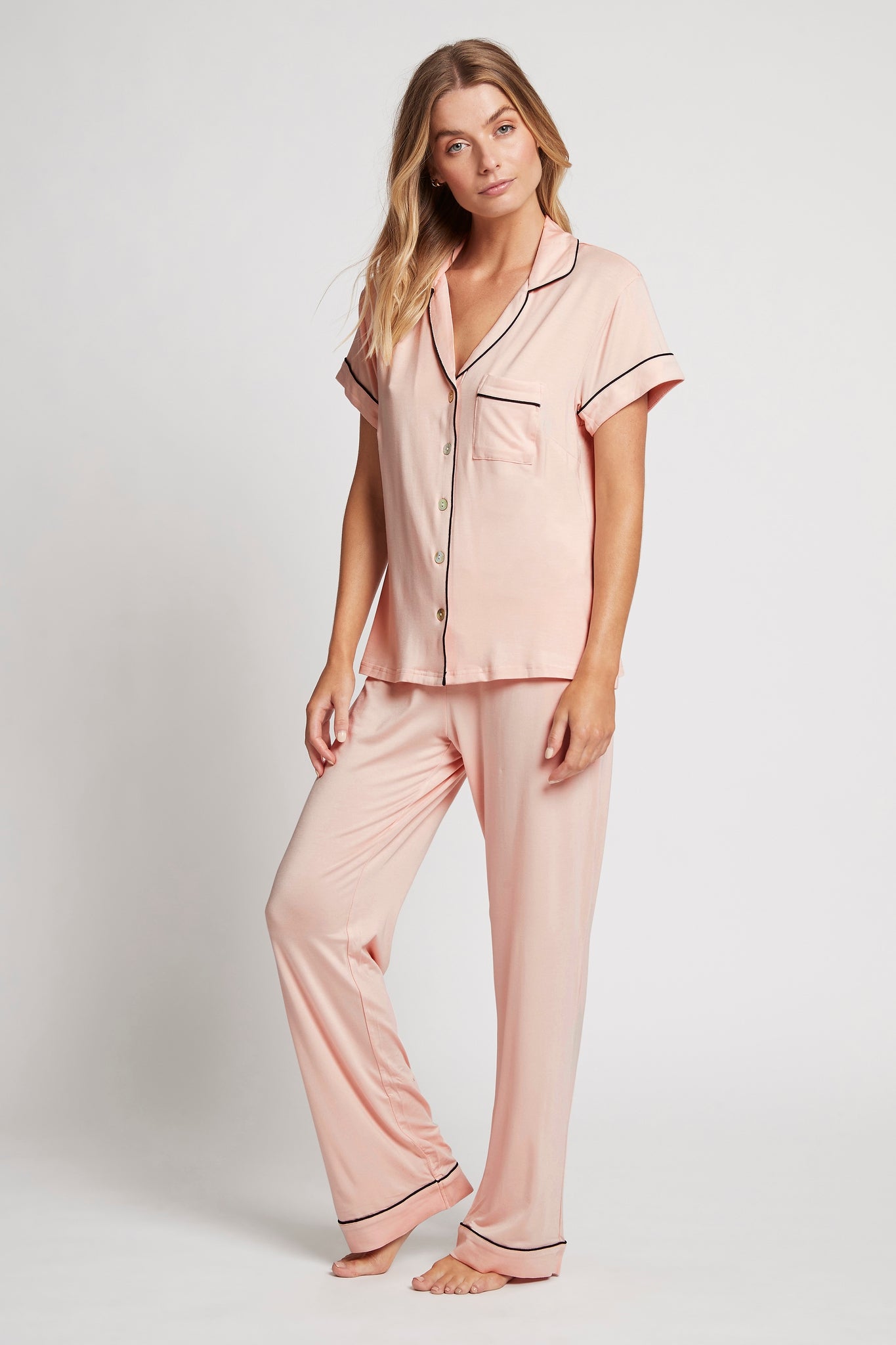 Petra Womens Tencel™ Modal Personalised Short Sleeve With Long Pant Pyjama Set Blush With Black Piping | Homebodii
