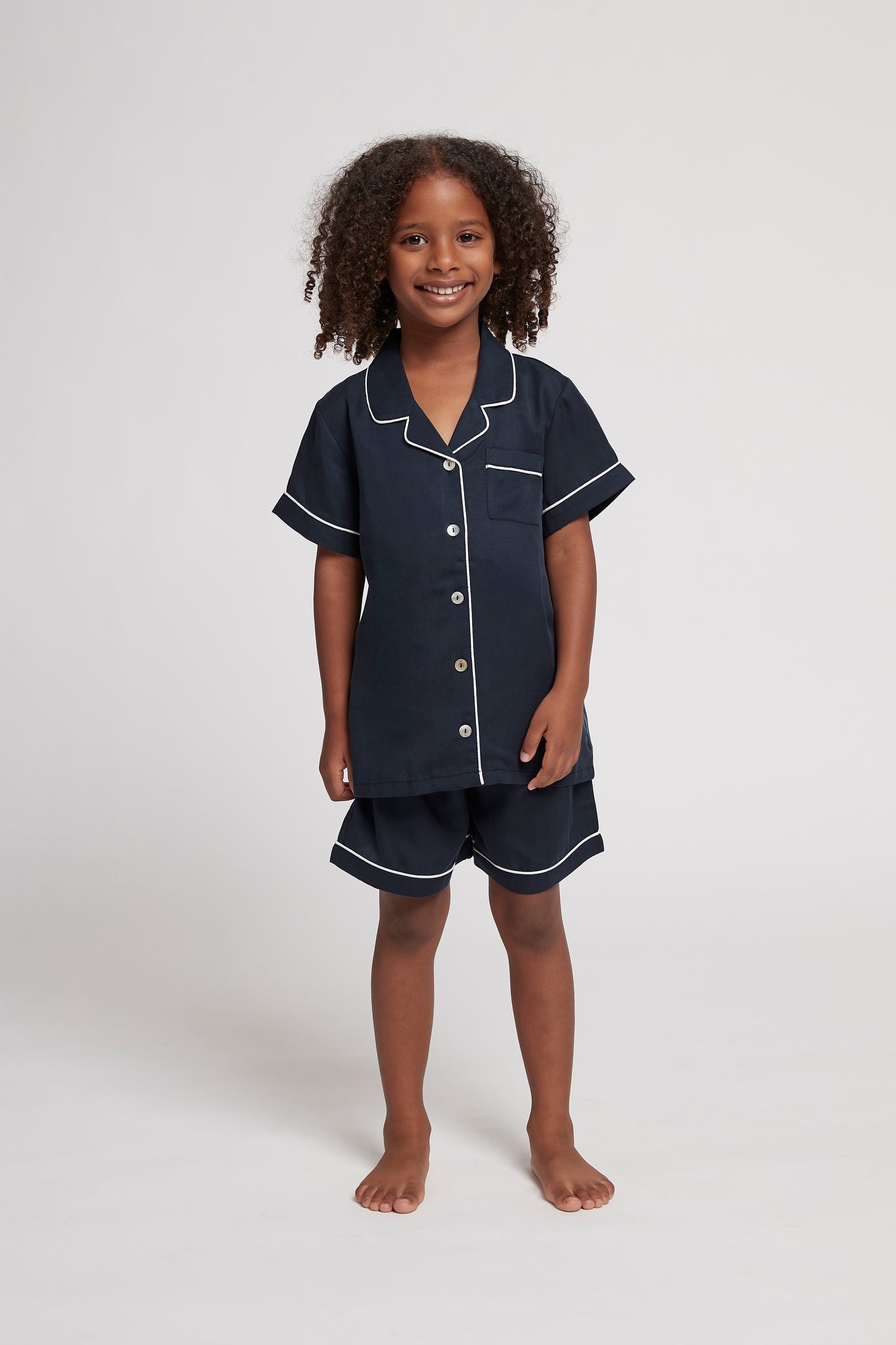 Eva Kids Short Tencel™ Personalised Pyjama Set Navy With White Piping | Homebodii