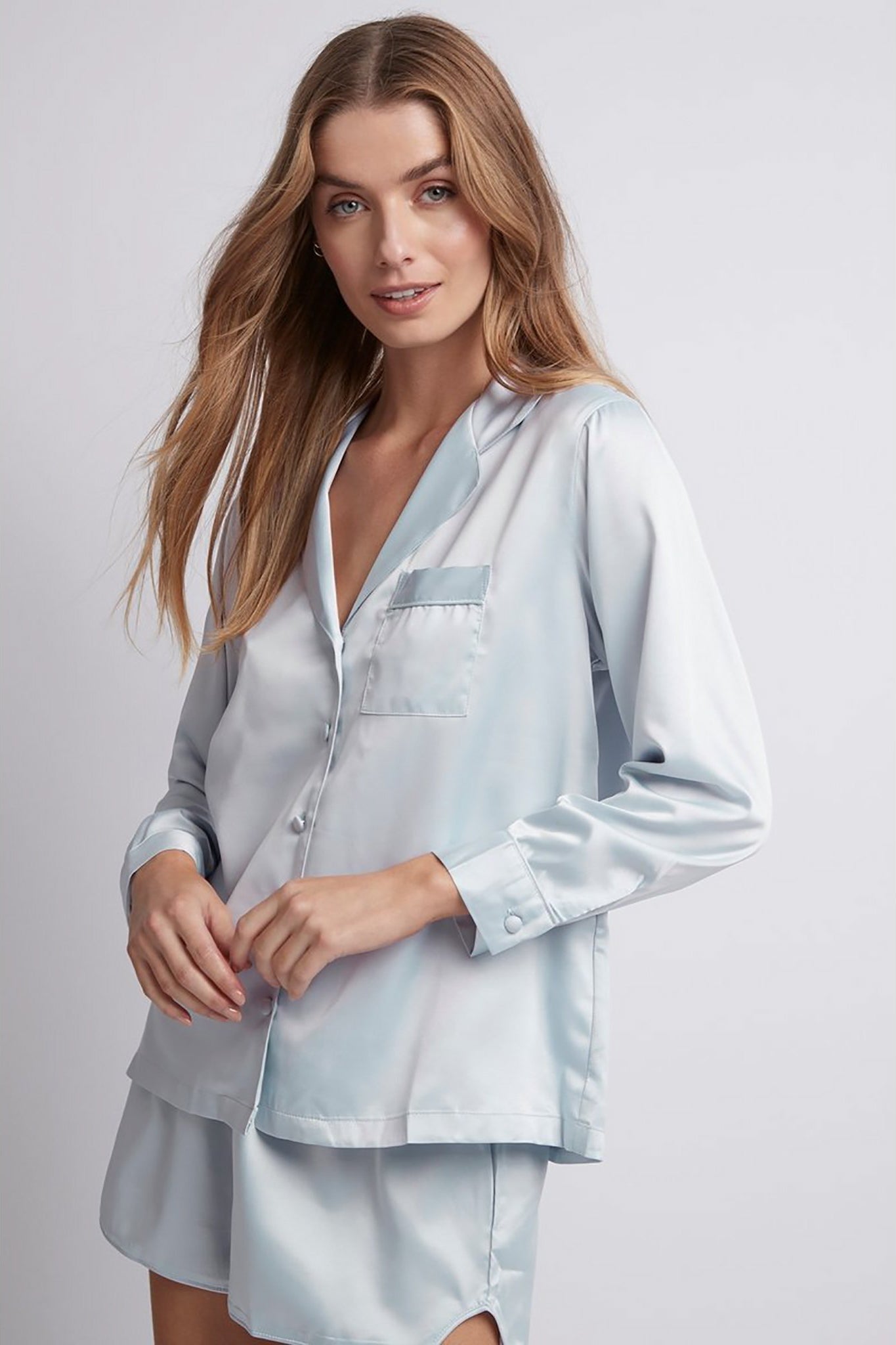 Toni Long Sleeve Satin Personalised Womens Pyjamas Eggshell Blue | Homebodii