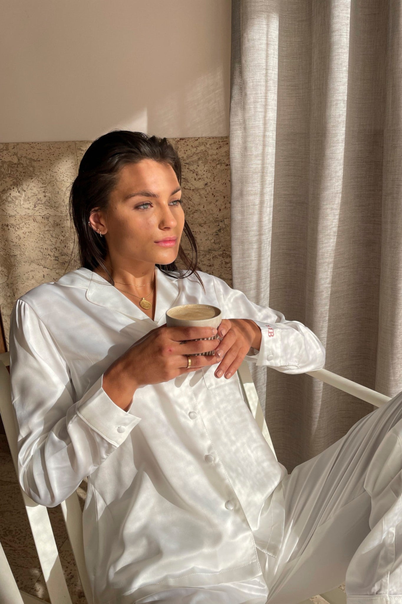 Toni Womens Personalised Satin Satin Pyjama Lounge Set White | Homebodii