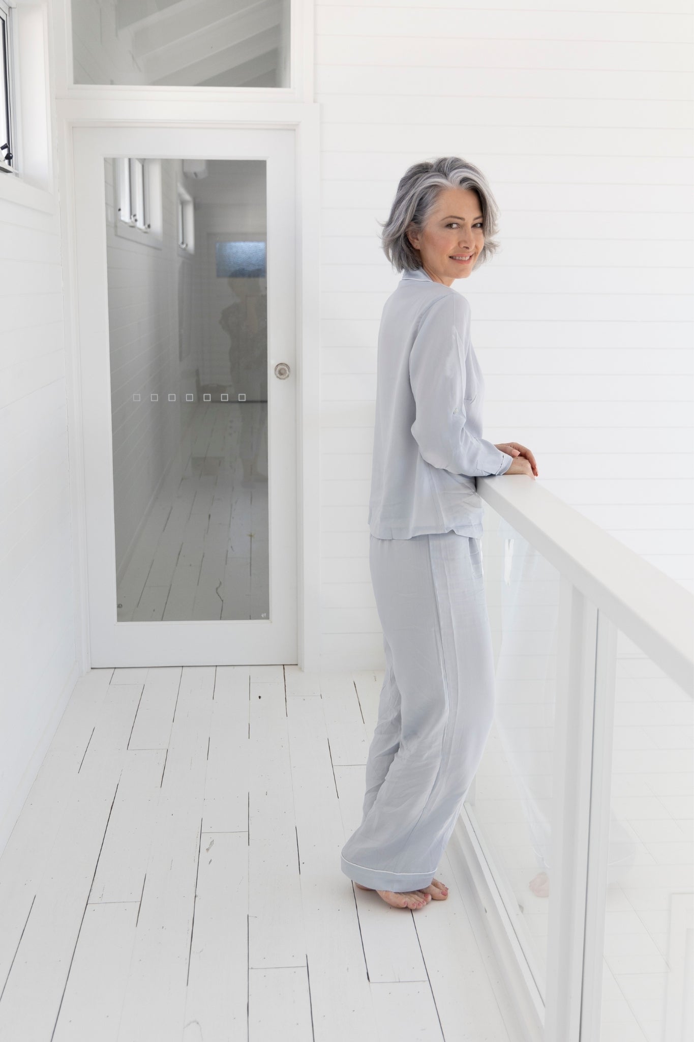 Eva Long Tencel™ Womens Personalised Pyjama Set Eggshell Blue With White Piping | Homebodii