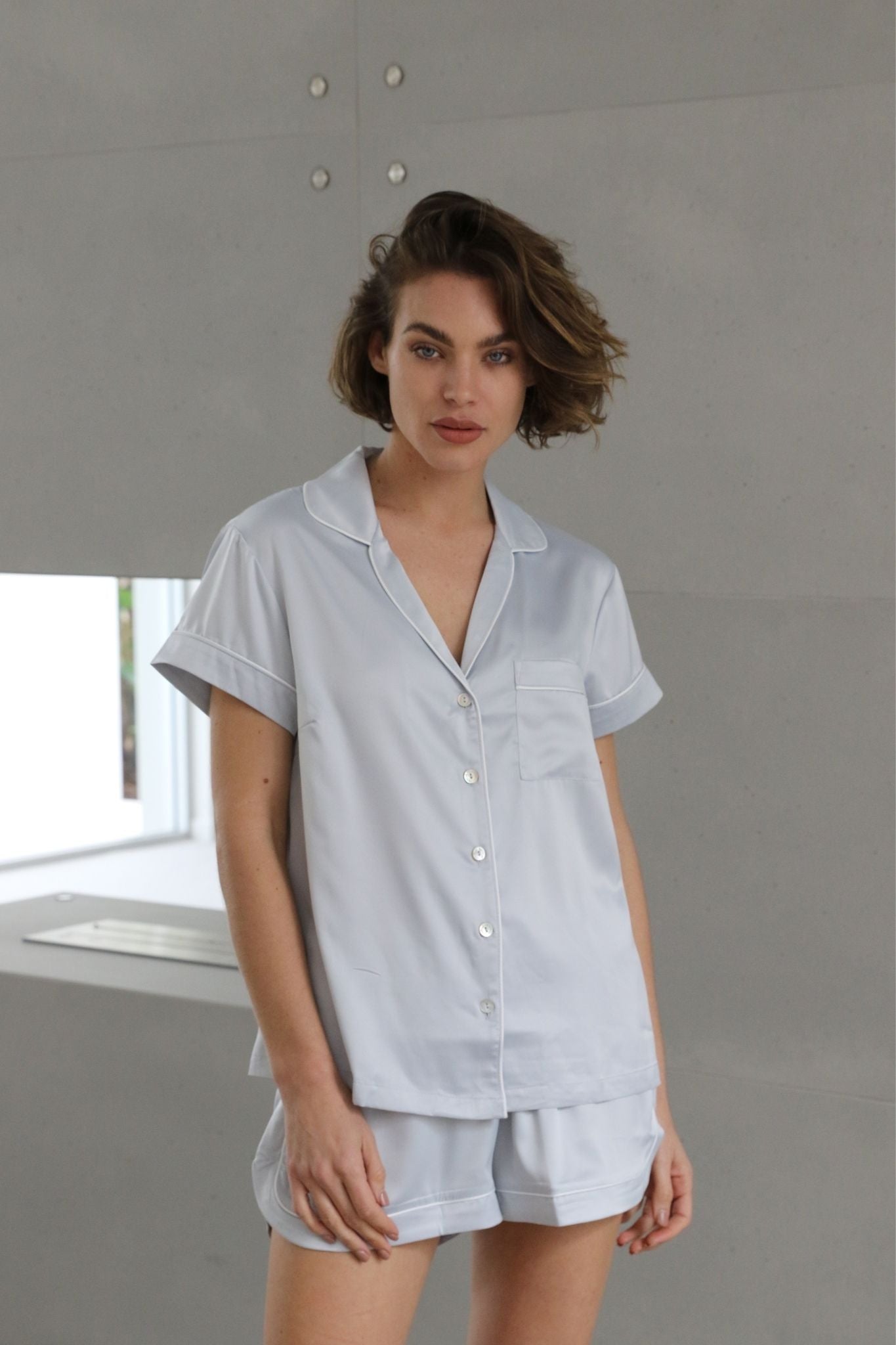 Grace Short Satin Personalised Pyjama set with Eggshell Blue With White Piping | Homebodii