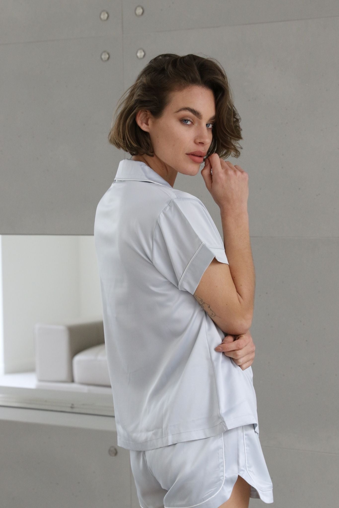 Grace Short Satin Personalised Pyjama set with Eggshell Blue With White Piping | Homebodii