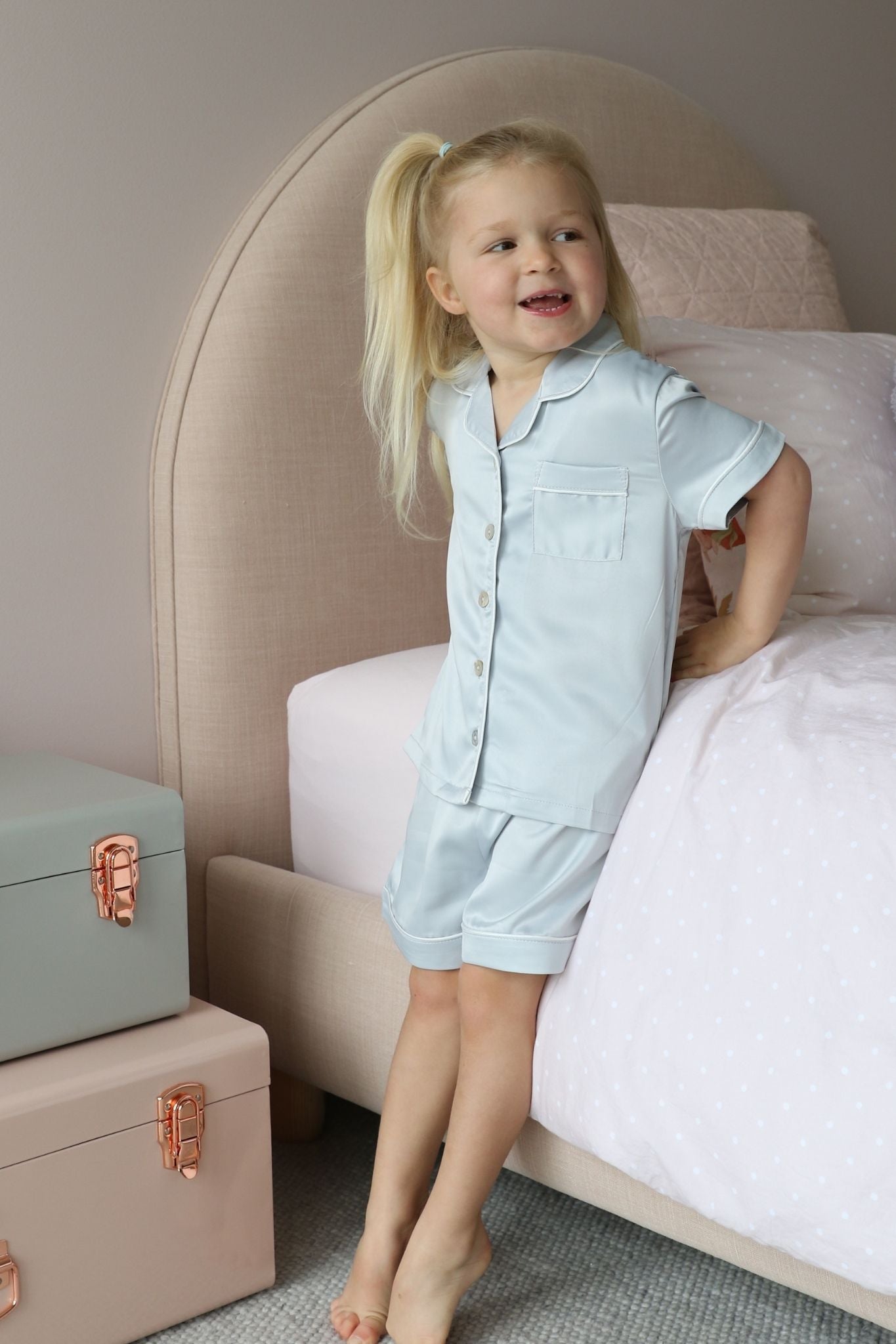 Grace Children Piping Satin Personalised Pyjama Set Eggshell Blue | Homebodii