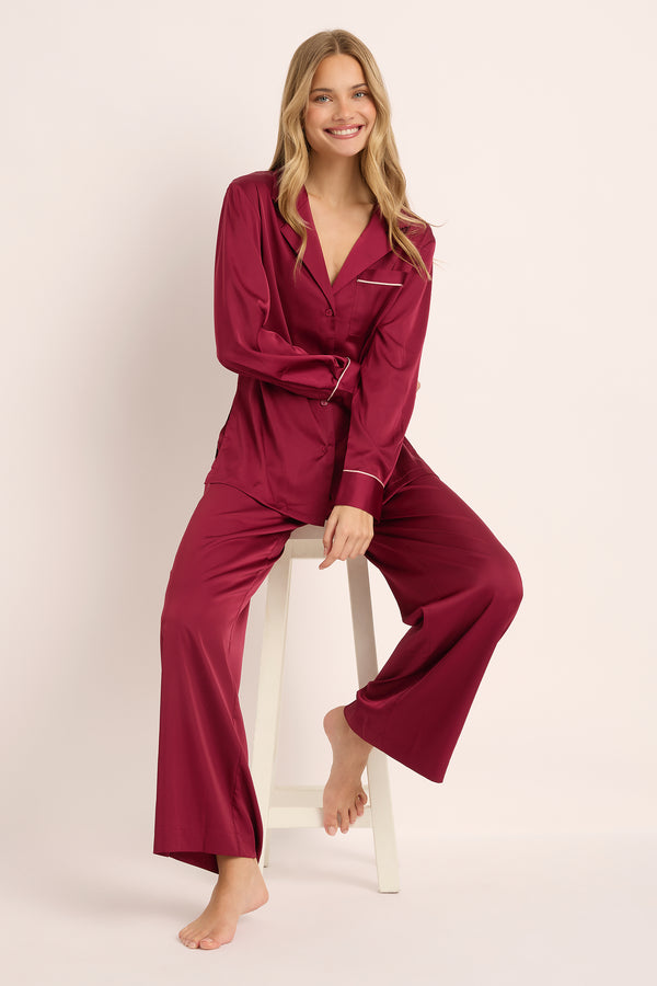 Grace Lounge Pyjama Set - Burgundy with Rose