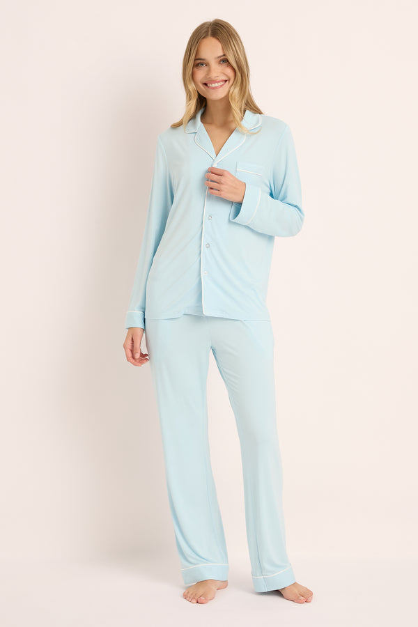 Mila Bamboo Lounge Pyjama Set – Blue with White