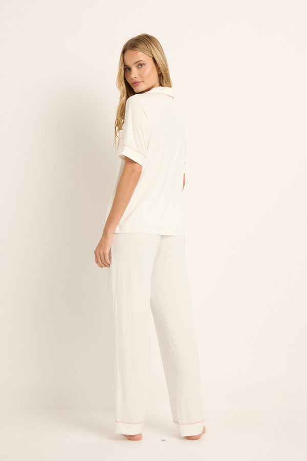 Mila Bamboo PJ Short Sleeve Long Pant – White with Blush