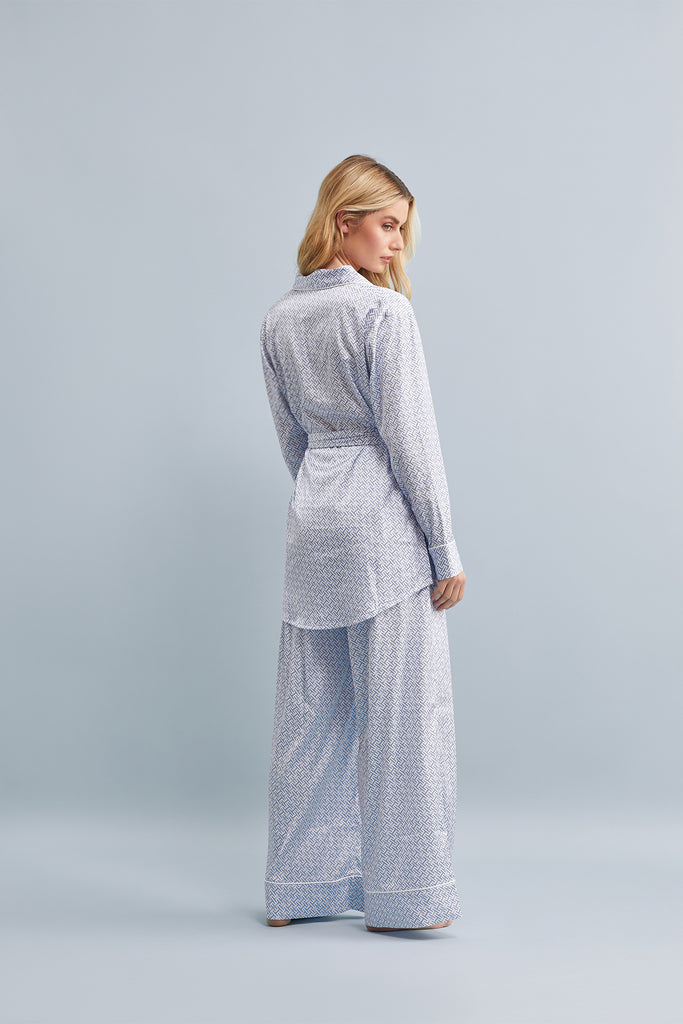 Halston X Homebodii Cleveland Lounge Pyjama Set In Luxury Satin HH Print  Eggshell Blue | Homebodii