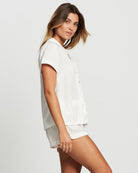 Eva Short Tencel™  Womens Personalised Pyjama Set  White With Blush Piping | Homebodii