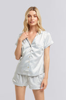 Grace Short Satin Personalised Pyjama set with  Eggshell Blue With White Piping | Homebodii