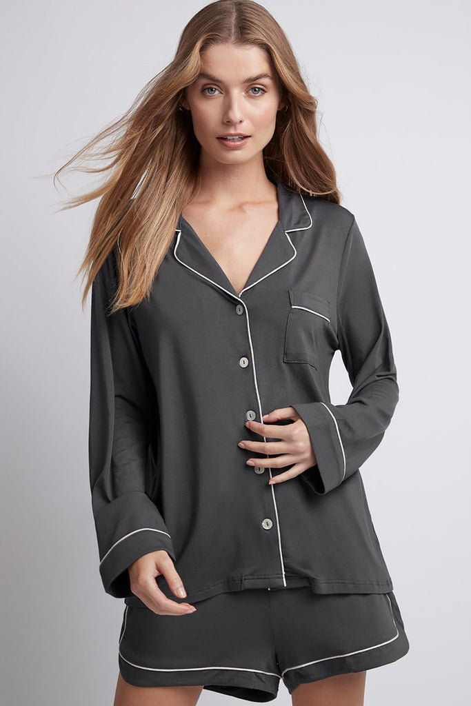 Petra Modal Womens Long Sleeve with Short Pyjama Set - Charcoal with Blush Piping | Homebodii AU.