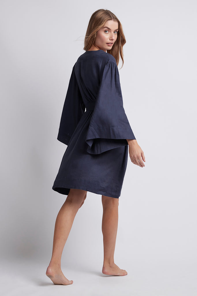 Rebecca Linen Personalised Robe Navy | Homebodii