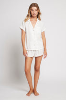 Eva Short Tencel™  Womens Personalised Pyjama Set  White With Blush Piping | Homebodii