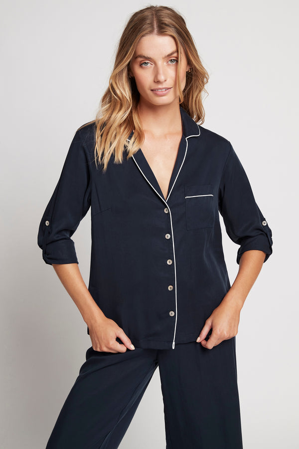 Eva Long Tencel™  Womens Personalised Pyjama Set  Navy With White Piping | Homebodii